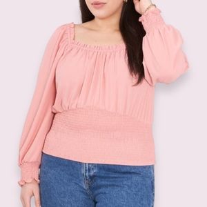 NEW 1. STATE Eliza Smocked Pink Blush Crepe Blouse Plus Size 2X Cottagecore